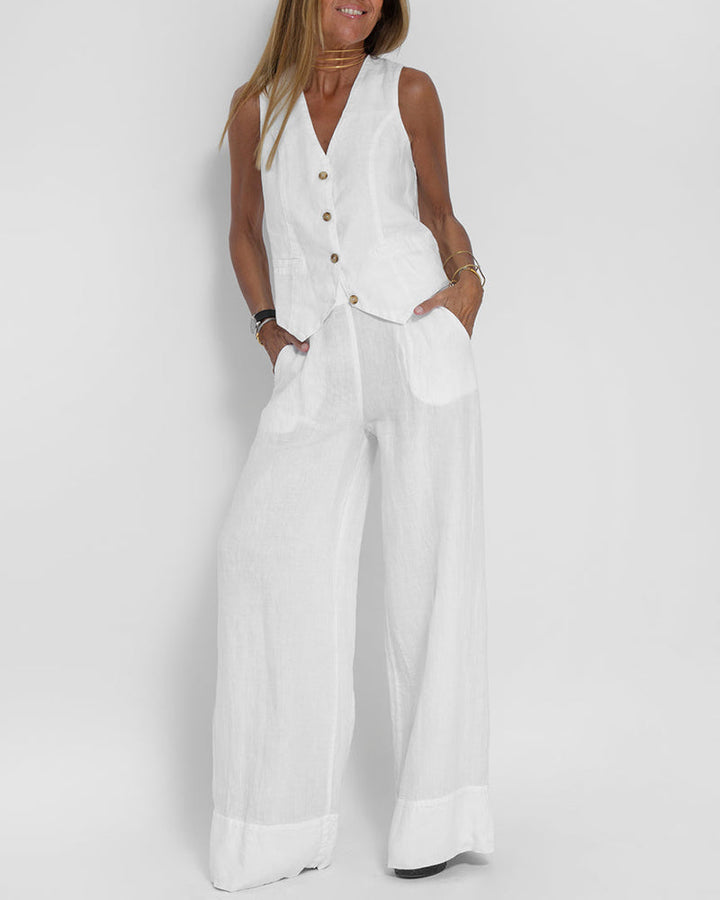 Frühlings-Outfit: Damen Leinen Zweiteiler mit ärmelloser Weste & lockerer Hose.