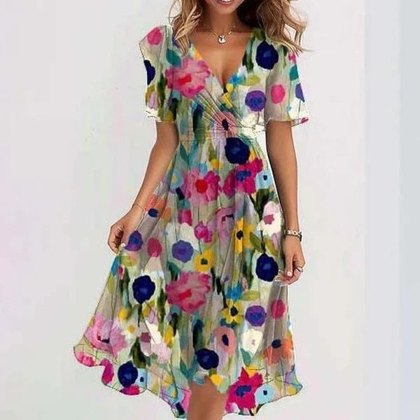 Leichtes, fließendes Damen Sommerkleid mit V-Ausschnitt. Elegantes Urlaubskleid mit Blumendruck, ideal für Freizeit.