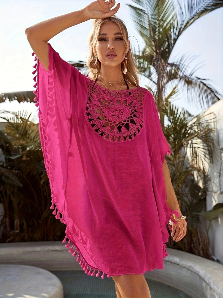 Damen Boho Strand Tunika Häkel-Überwurf mit Fransen für den Sommerurlaub.