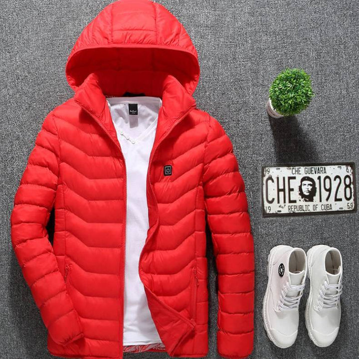 Rückansicht der beheizbaren Herren-Winterjacke, robustes Design für Outdoor & Alltag.