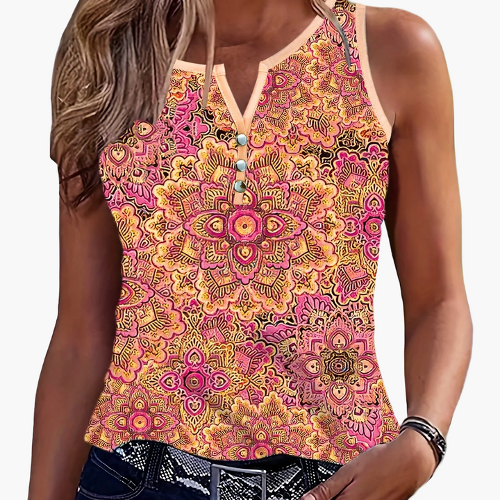 Damen Top mit Ethno-Muster, V-Ausschnitt, Knopfleiste. Modisches und bequemes Sommer-Freizeitshirt.