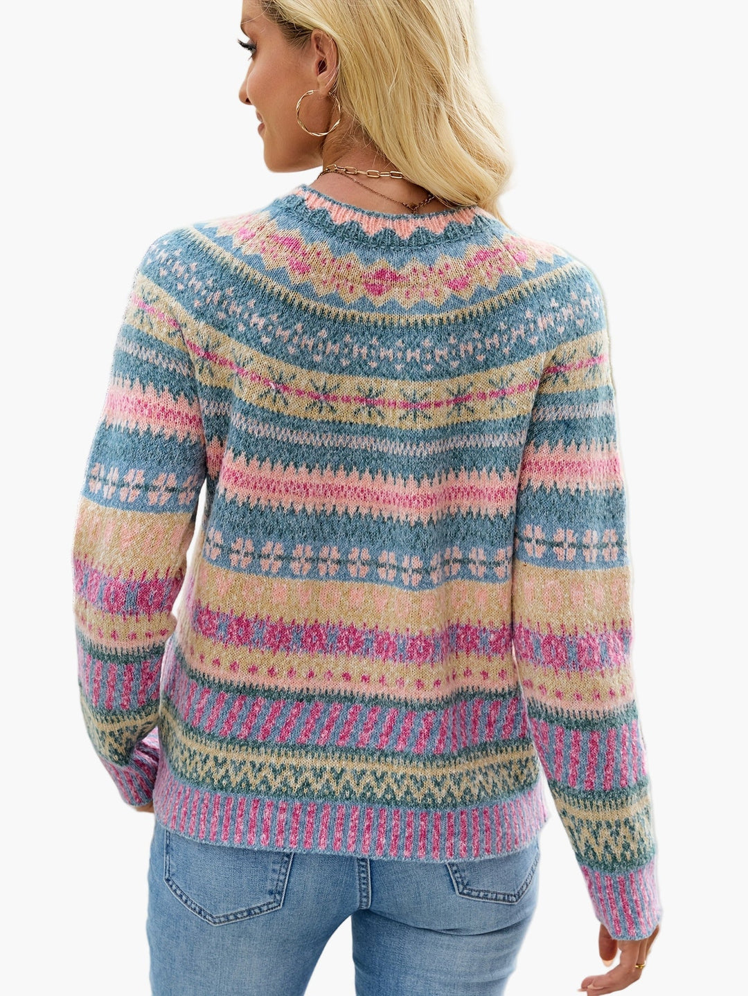 Hochwertiger Damen Strickpullover im Fair Isle Muster, elegant und warm für Herbst & Winter. Rundhals-Design.