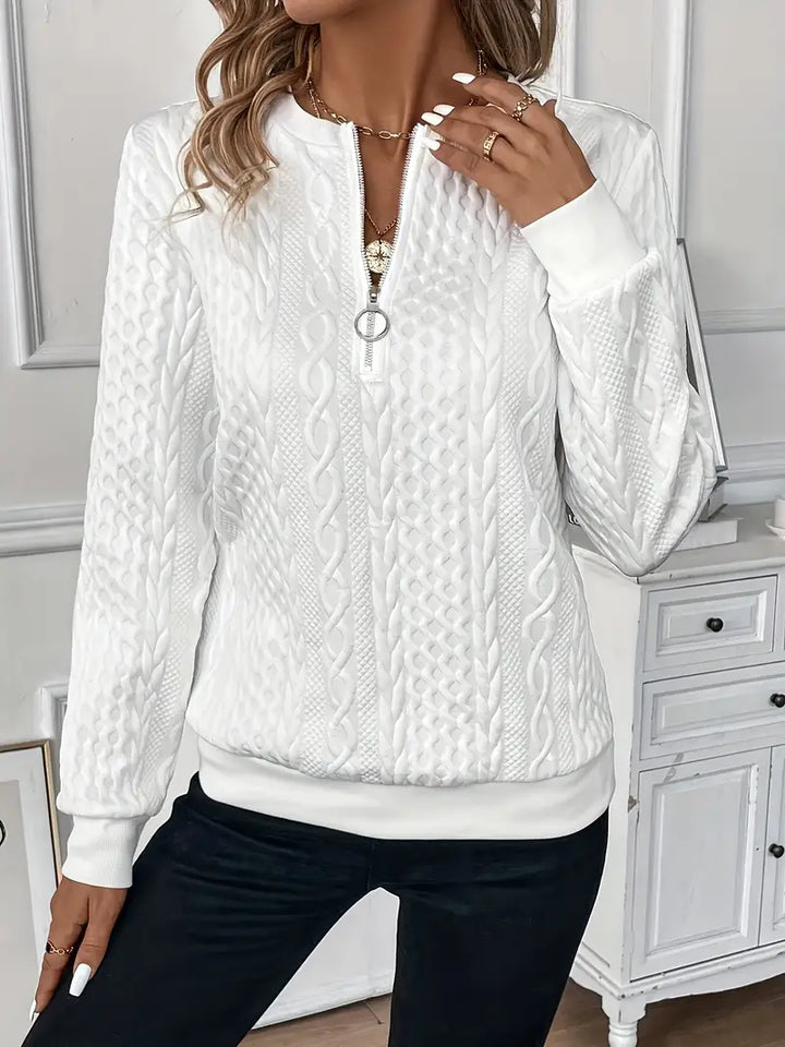 Eleganter Damen-Zipper-Pullover mit Stehkragen. Perfekt für entspannte Tage oder Büro.