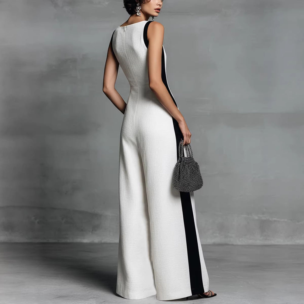 Ärmelloser Damen-Overall mit weitem Bein und tiefem V-Ausschnitt, ideal für elegante Sommerlooks.