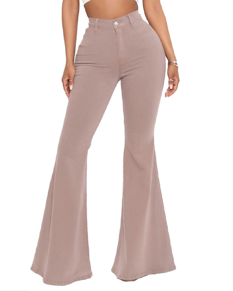 Stylische Damen-Schlaghose mit hohem Bund und mehrfarbigem Muster, ideal für Freizeit und Alltag.