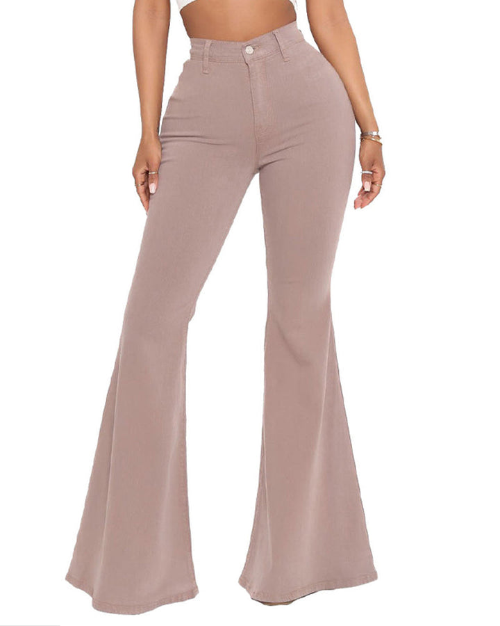 Stylische Damen-Schlaghose mit hohem Bund und mehrfarbigem Muster, ideal für Freizeit und Alltag.
