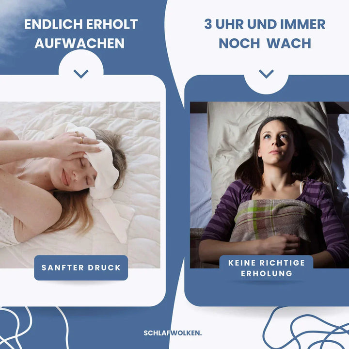 Person trägt die graue SchlafSoft gewichtete Augenmaske für entspannten Tiefschlaf und Lichtblock.