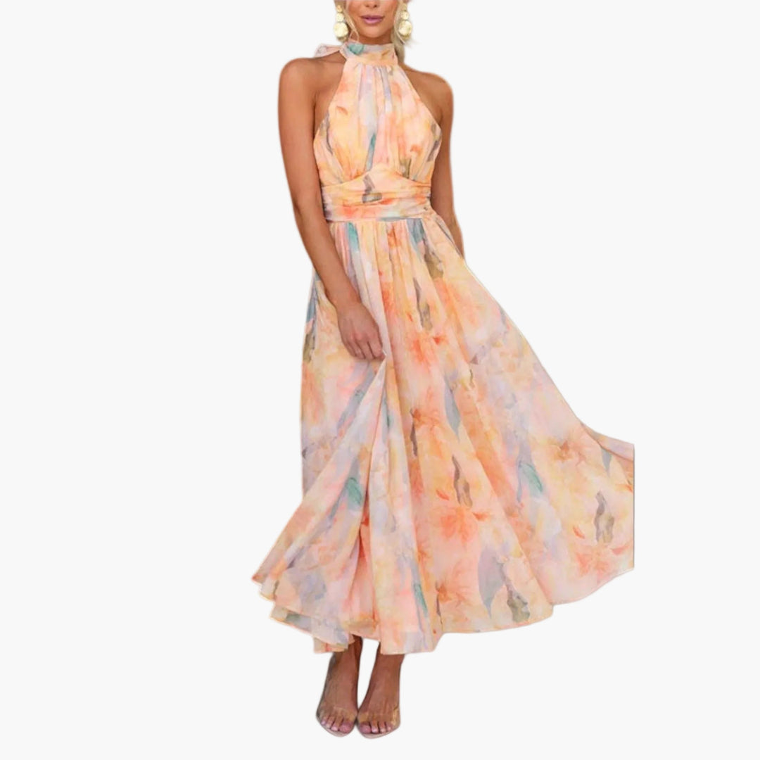Fließendes Damen Maxikleid mit elegantem Wasserfarbenmuster. Vielseitig als Abendkleid, Sommerkleid oder Partykleid.