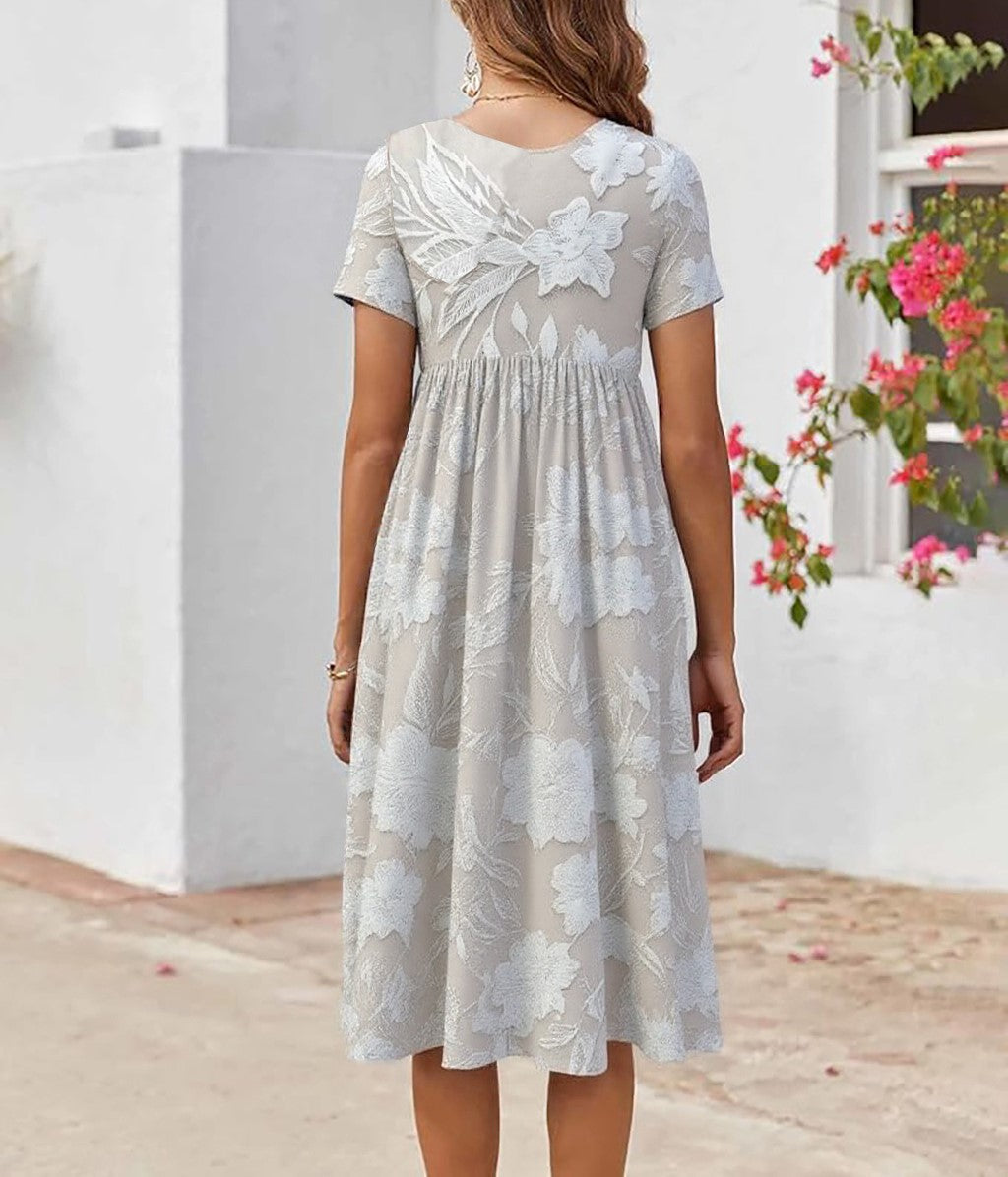 Vielseitiges Damen Midikleid mit Print, kurzen Ärmeln und Seitentaschen; elegantes Freizeit- und Sommerkleid.