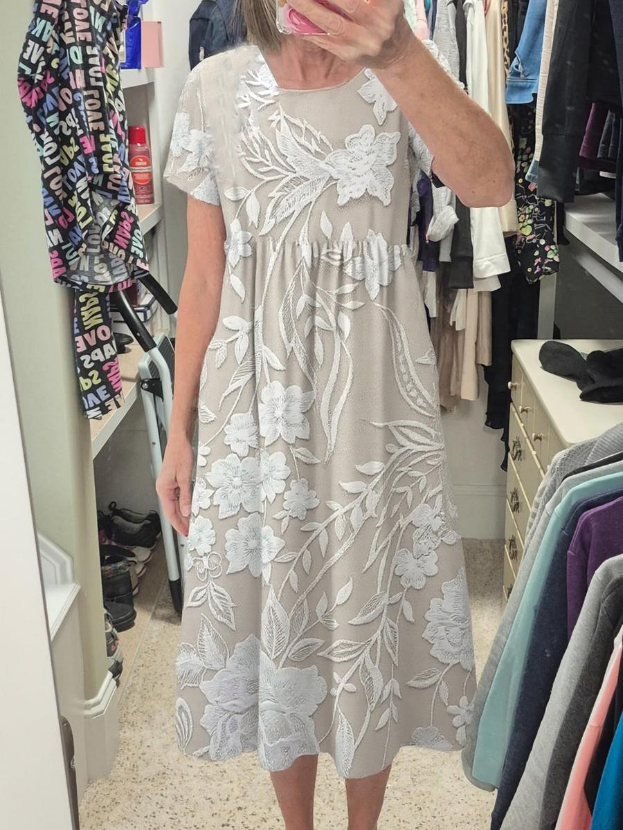 Damen Kurzarm Midikleid in A-Linie mit modischem Print & praktischen Seitentaschen, ideal als elegantes Sommerkleid.