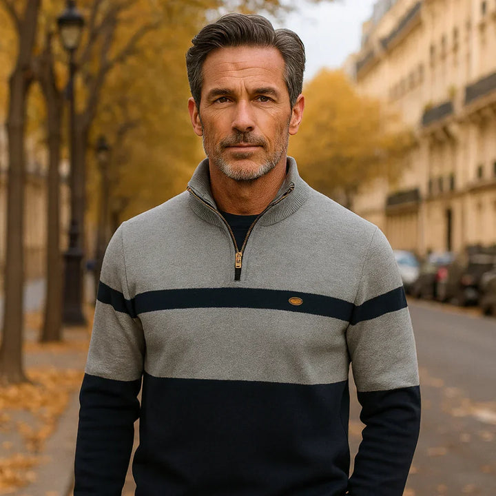 Herren zweifarbiger Langarmpullover mit Reißverschluss, modern und bequem für stilvolle Herrenmode.