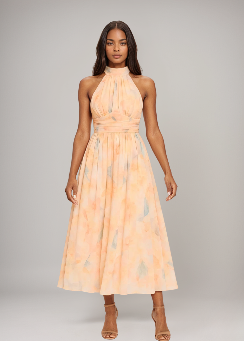 Rückenfreies Damen Maxikleid mit Neckholder, ideal als elegantes Sommerkleid oder Urlaubskleid; gemustert, lange Länge.