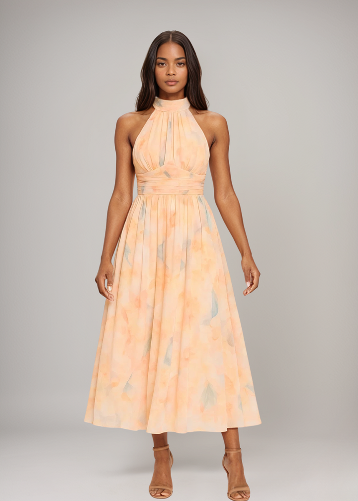 Rückenfreies Damen Maxikleid mit Neckholder, ideal als elegantes Sommerkleid oder Urlaubskleid; gemustert, lange Länge.