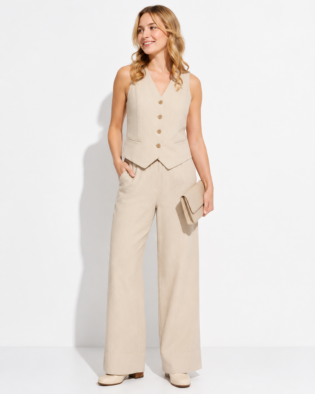 Damen ärmelloses Freizeit-Set mit weiter Hose; bequemer Zweiteiler für Sommer & Alltag.