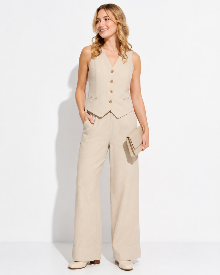 Damen ärmelloses Freizeit-Set mit weiter Hose; bequemer Zweiteiler für Sommer & Alltag.