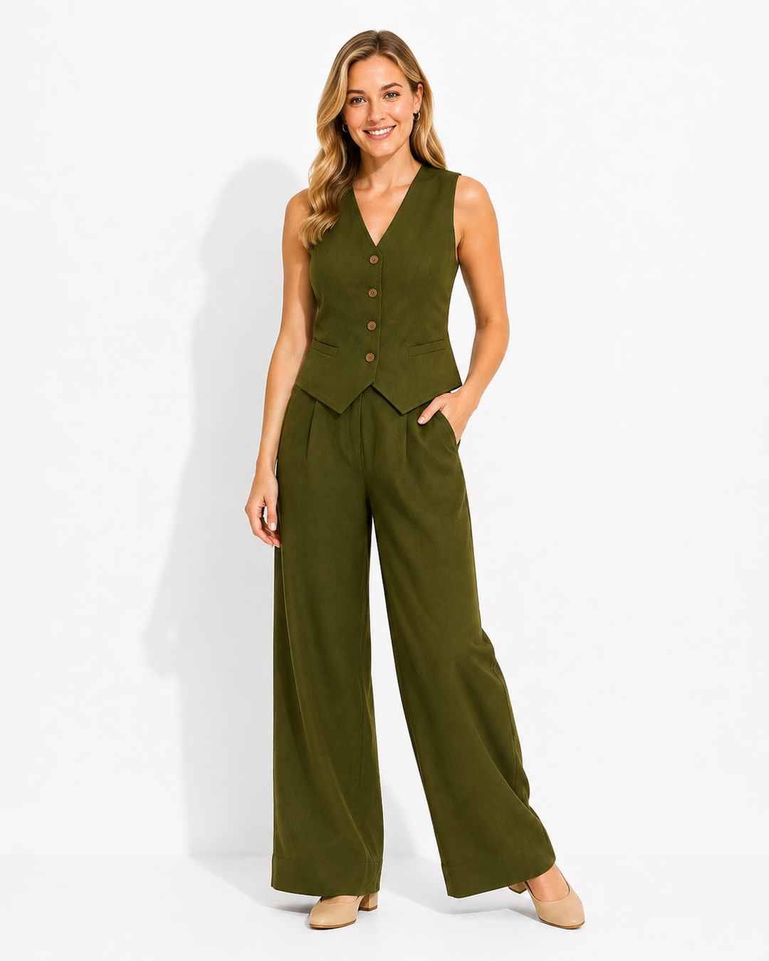 Schickes ärmelloses Damen Set mit eleganter weiter Hose; vielseitiger Look für Freizeit & Urlaub.