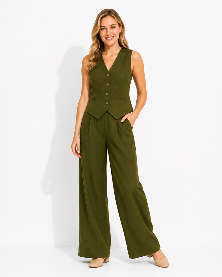 Schickes ärmelloses Damen Set mit eleganter weiter Hose; vielseitiger Look für Freizeit & Urlaub.