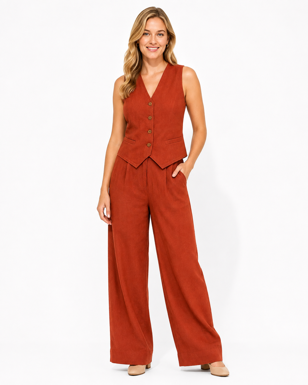 Atmungsaktives Damen Sommer Set: Ärmelloses Top & fließende weite Hose. Ideal für heiße Tage.