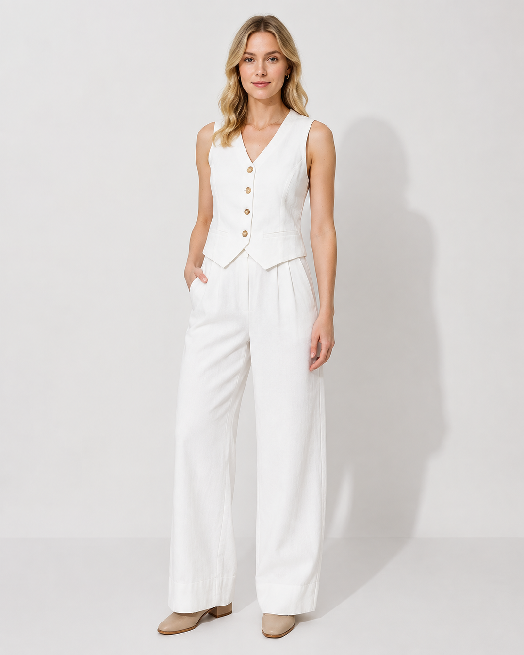 Damen Sommer Freizeit Set in leichter Qualität; ärmelloses Oberteil und bequeme weite Hose.