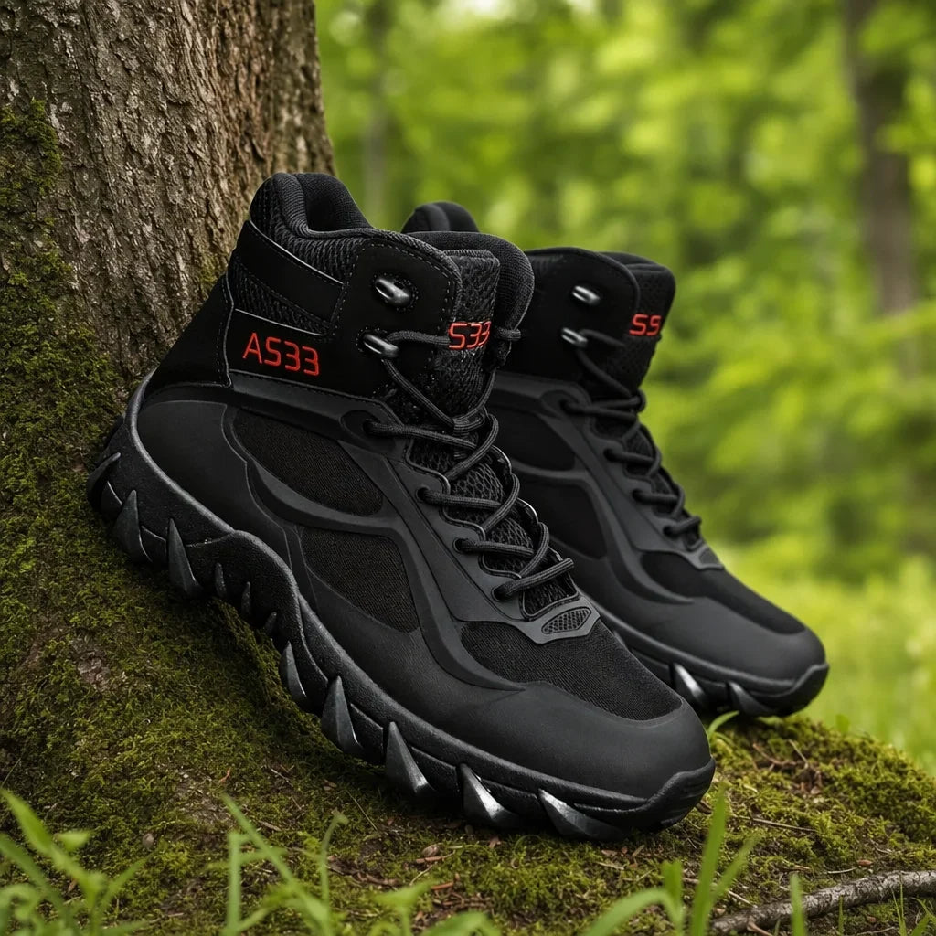 Unisex Wanderschuhe im Vordergrund, zeigen robustes Design für anspruchsvolle Outdoor-Abenteuer.