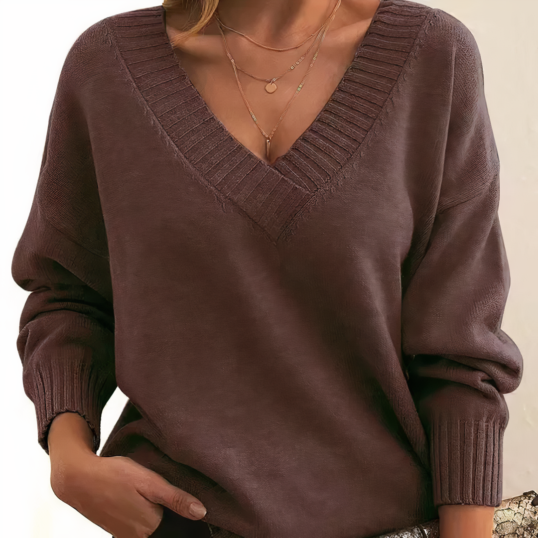 Hochwertiger Damenpullover Amira aus Kaschmir, mit V-Ausschnitt, gemütlich und modisch zugleich.