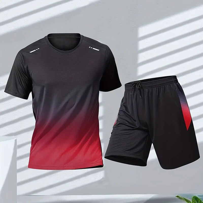 Schnelltrocknendes Herren Sportset Slim Fit mit farbverlaufendem T-Shirt und passender Hose für aktiven Lifestyle.