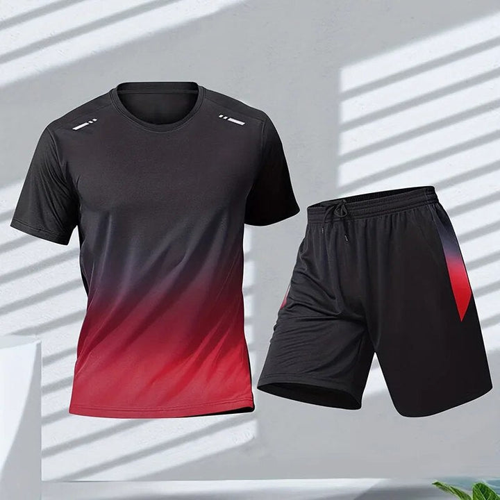 Schnelltrocknendes Herren Sportset Slim Fit mit farbverlaufendem T-Shirt und passender Hose für aktiven Lifestyle.