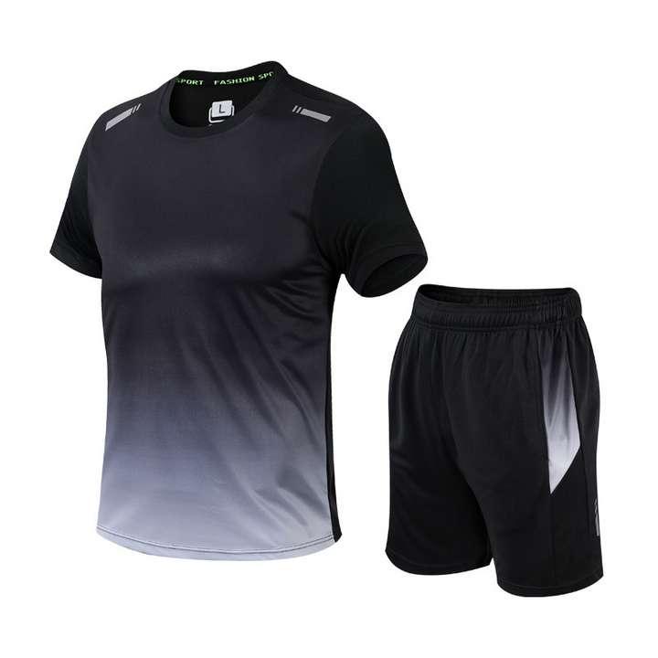 Sportliches Herren Activewear Set mit Farbverlauf Kurzarmshirt & passender Slim Fit Sporthose für Training & Freizeit.