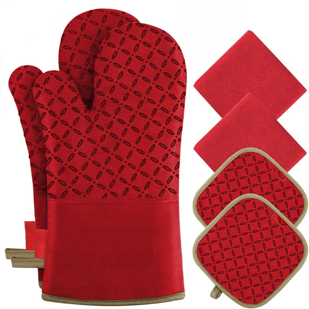 Graues 6-teiliges Küchenset mit robusten Ofenhandschuhen & Topflappen für den Backofen.