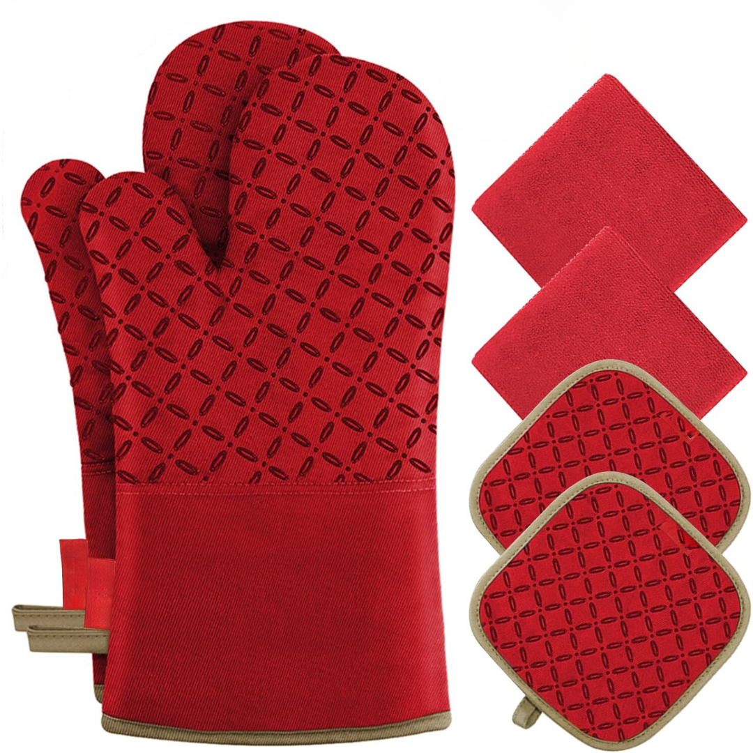 Graues 6-teiliges Küchenset mit robusten Ofenhandschuhen & Topflappen für den Backofen.