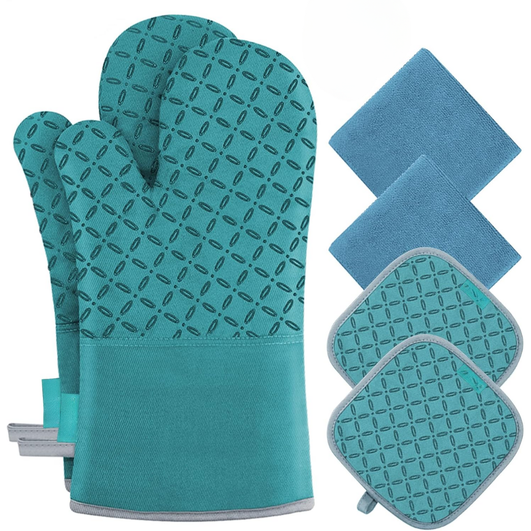 Komplettes 6-teiliges Küchenset: Robuste Ofenhandschuhe und dicke Topflappen, hitzefest.