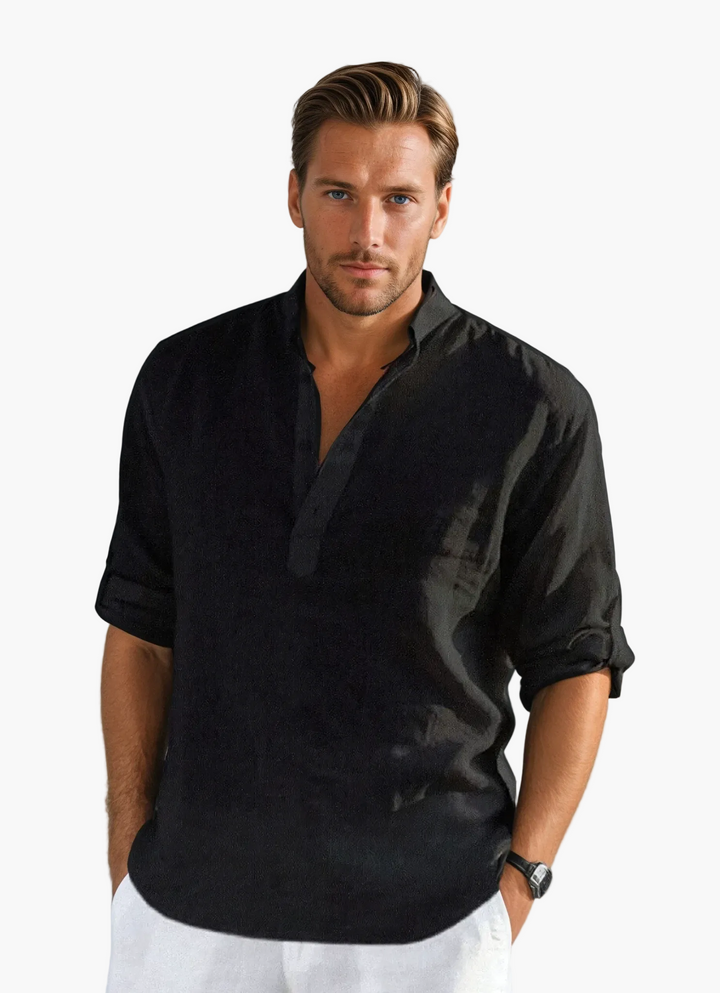 Modisches Herren Stehkragenhemd; lässige Eleganz für Strand & Urlaub; atmungsaktiver Komfort.