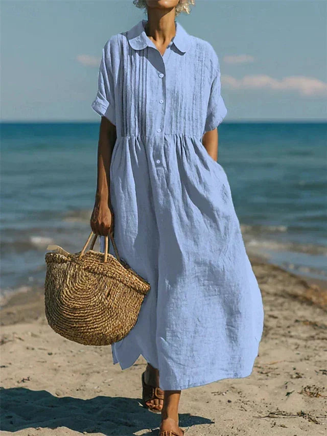 Luftiges Damen Sommer Maxikleid mit Kragen und Knopfleiste, ideal für Strand & Freizeit.
