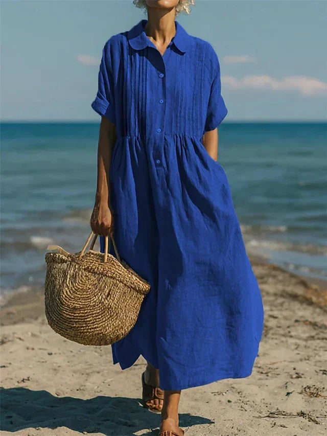 Vielseitiges Damen Maxikleid mit Pintuck-Kragen, Knopfleiste. Perfektes, elegantes Sommerkleid.