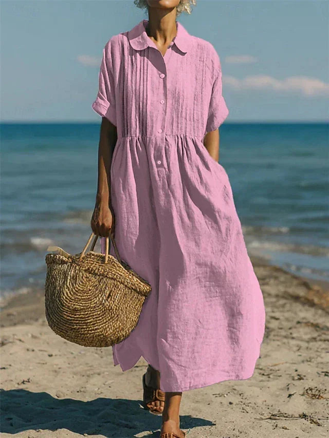 Fließendes, elegantes Damen Maxikleid mit Kragen, ideal als luftiges Sommerkleid für warme Tage.