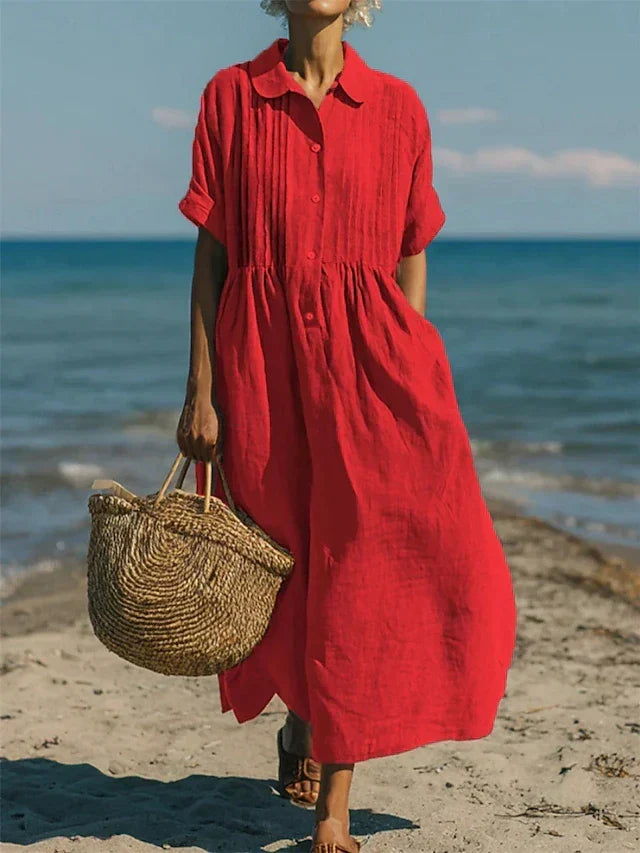 Damen Sommer Maxikleid mit Pintuck-Kragen, elegant und luftig, passend für Strand und Alltag.
