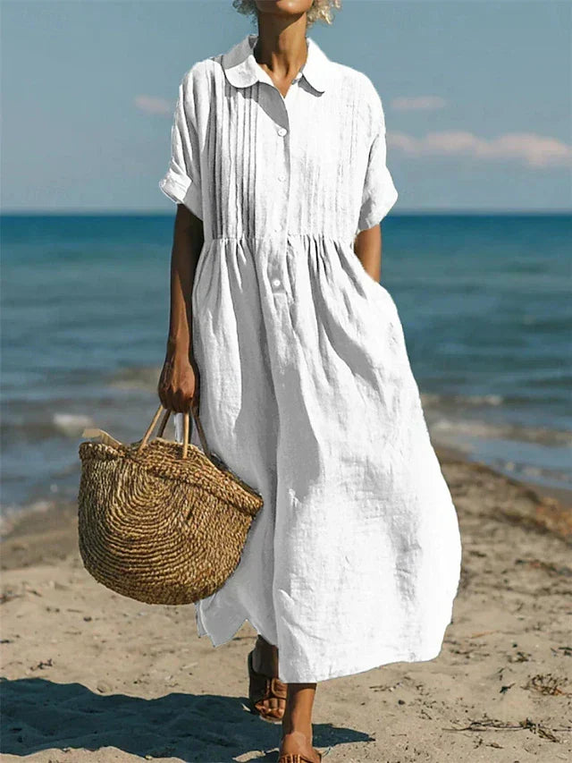 Elegantes Damen Maxikleid mit Pintuck-Kragen & Knopfleiste, luftig, perfekt als Sommerkleid für Alltag.