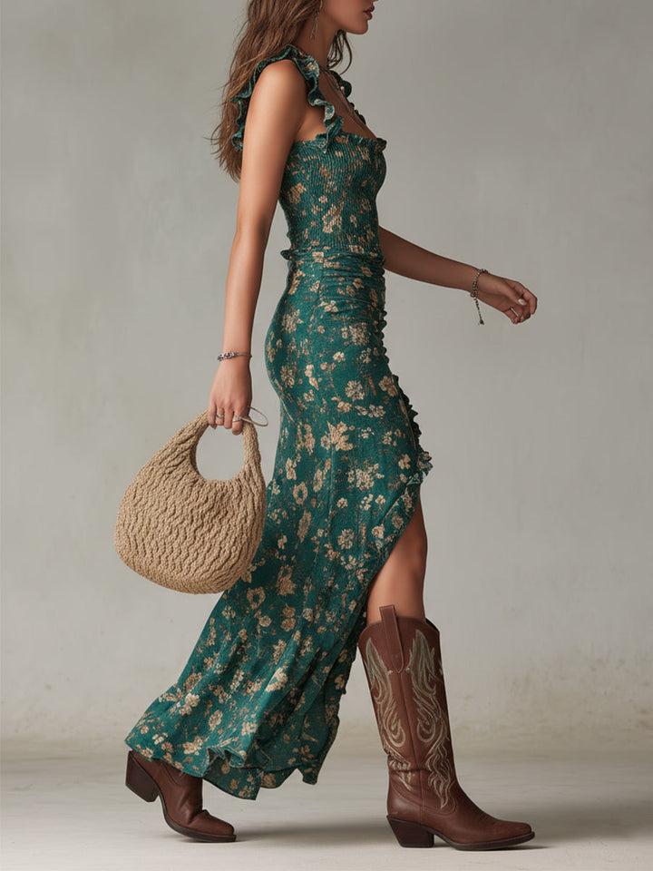 Langes Boho-Sommerkleid für Damen mit A-Linie und Rüschenärmeln, festlich und freizeitlich.