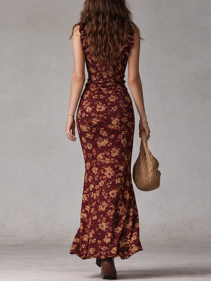 Sommerliches Bohème Maxikleid für Damen, lang, mit zarten Rüschenärmeln, ideal für Strand und Stadt.
