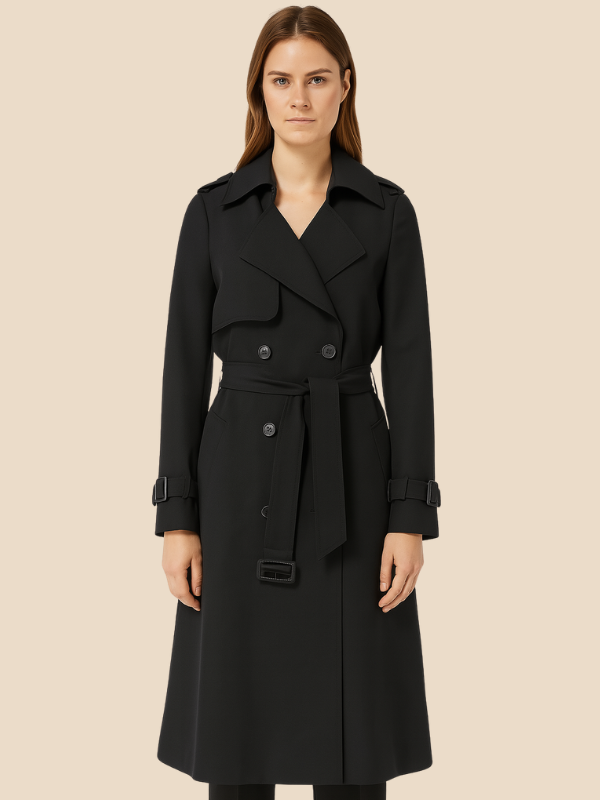 Eleganter Damen Trenchcoat, klassischer Langmantel, doppelreihig mit Gürtel, ideal für Frühling & Herbst.
