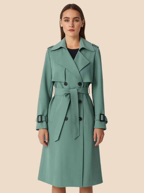 Eleganter Damen Trenchcoat, klassische Übergangsjacke, doppelreihig mit Gürtel, Business-Chic.