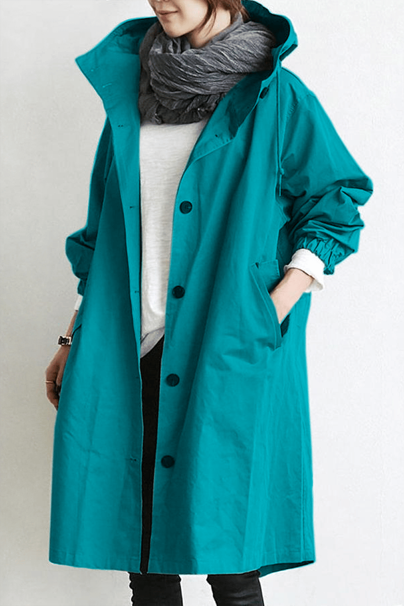 Eleganter Damen Trenchcoat mit Kapuze für stilvolle Übergangszeiten; modern und vielseitig.