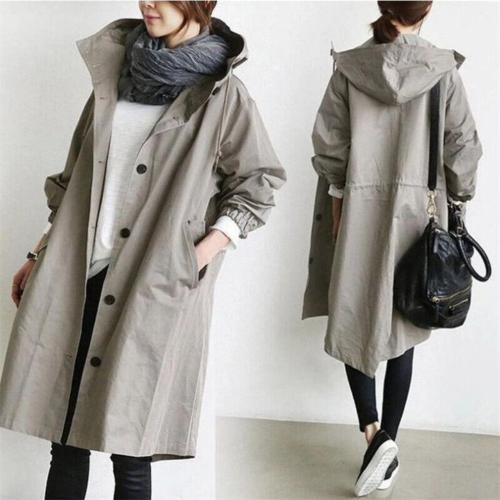 Damen Trenchcoat mit Kapuze, ideal für Business und Freizeit, eleganter Langarm Regenmantel.