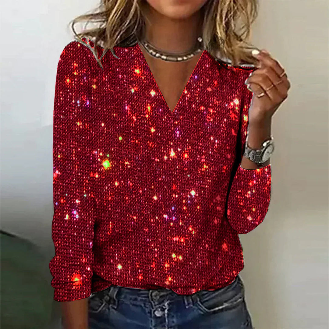 Glamouröser Damen Pullover mit Glitzer-Effekt & V-Ausschnitt in Rot. Ideal für Party-Outfits & Winterabende.