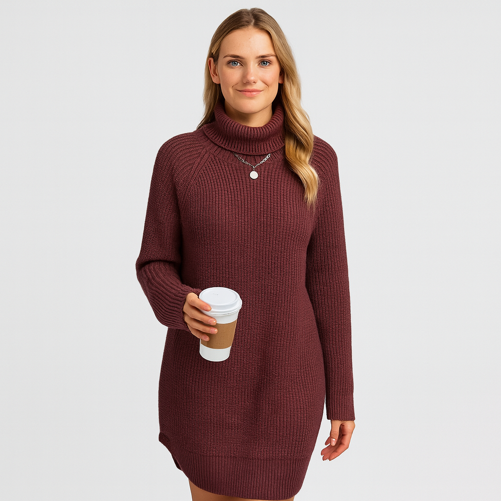 Zeitloses Strickkleid Amira, knielang, mit feinem Strickmuster, ideal für den Alltag.
