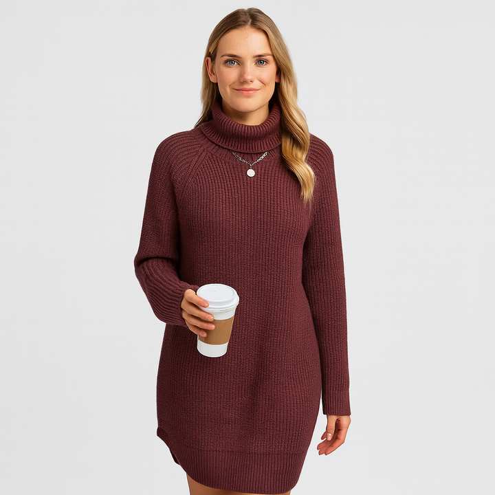 Zeitloses Strickkleid Amira, knielang, mit feinem Strickmuster, ideal für den Alltag.
