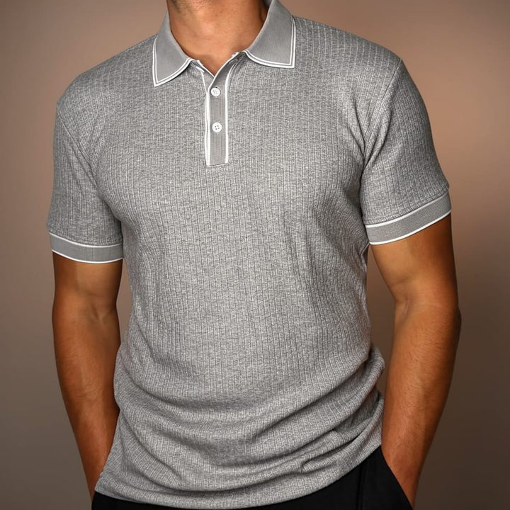Marineblaues geripptes Polo-Shirt für Herren; stilvoll & formstabil, perfekt für Büro & Alltag.