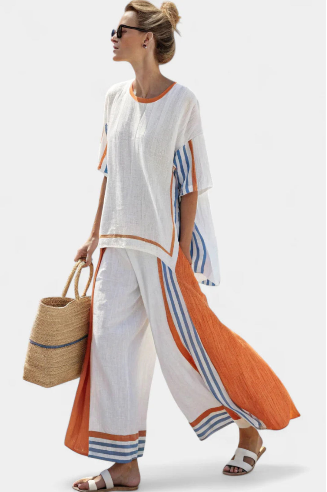 Damen Sommer Set: Bequeme Boho Tunika & weite Hose mit Streifenmuster für entspannte Freizeit-Looks.