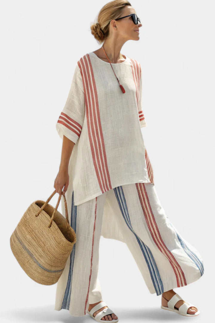 Elegantes Damen Sommer Set: Boho Tunika & weite Strandhose mit Streifen, perfekt für Urlaub & Freizeit.