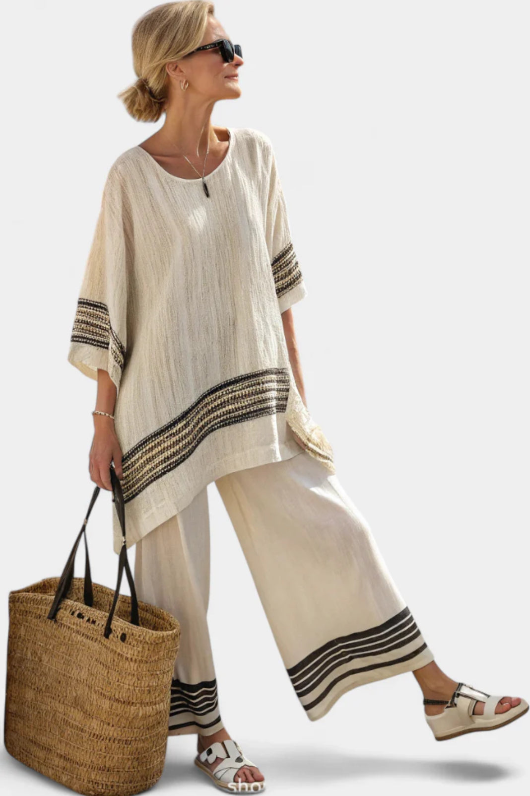 Zweiteiliges Damen Sommer Set: Lockere Boho Tunika & bequeme weite Hose, ideal für Strand und Urlaub.